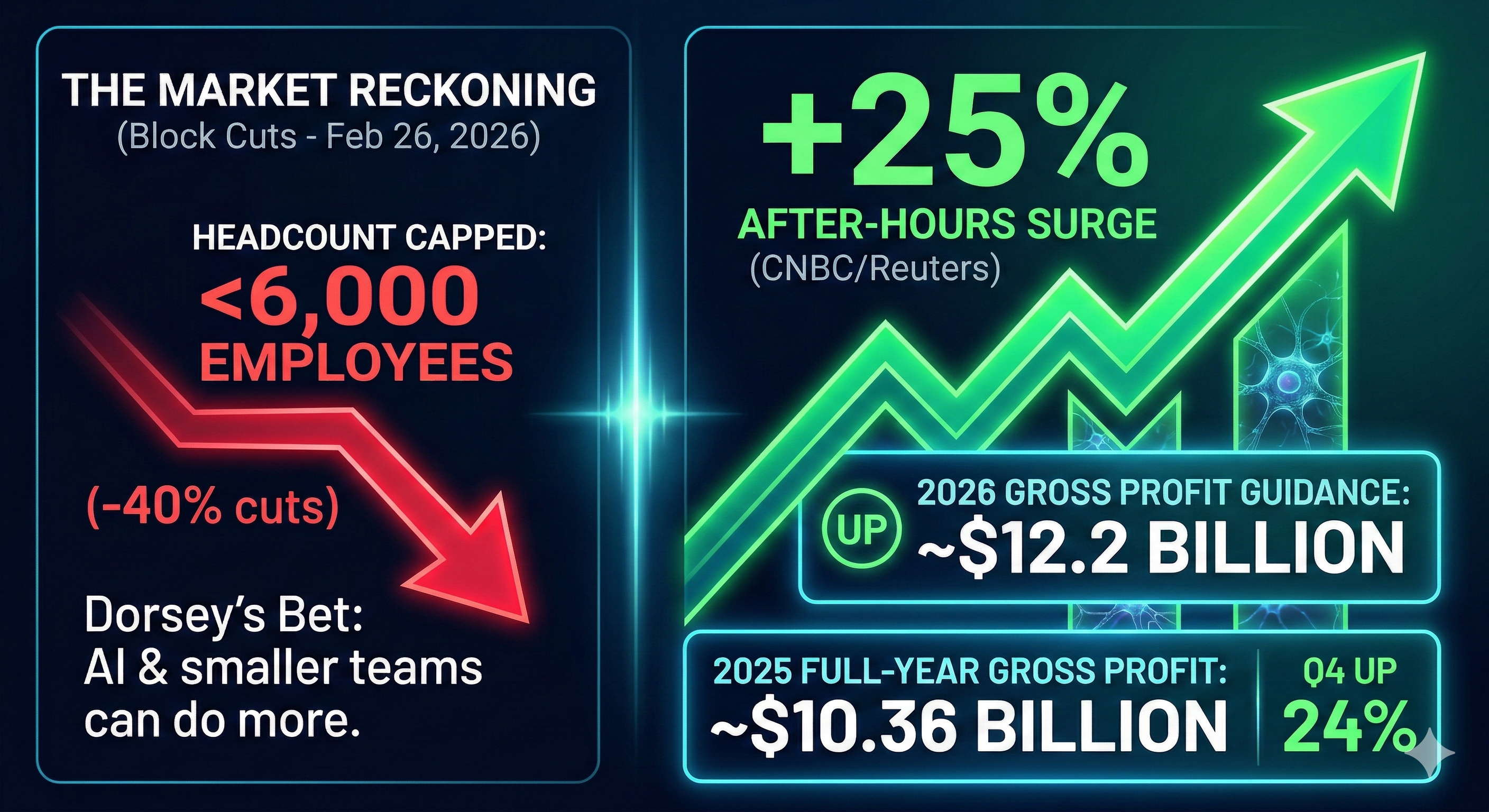 Macro Data Graphic: A stylized stock chart showing a 25% upward spike in green, overlaid with text: &ldquo;Headcount: -40% | Gross Profit Guidance: ~$12.2B&rdquo;