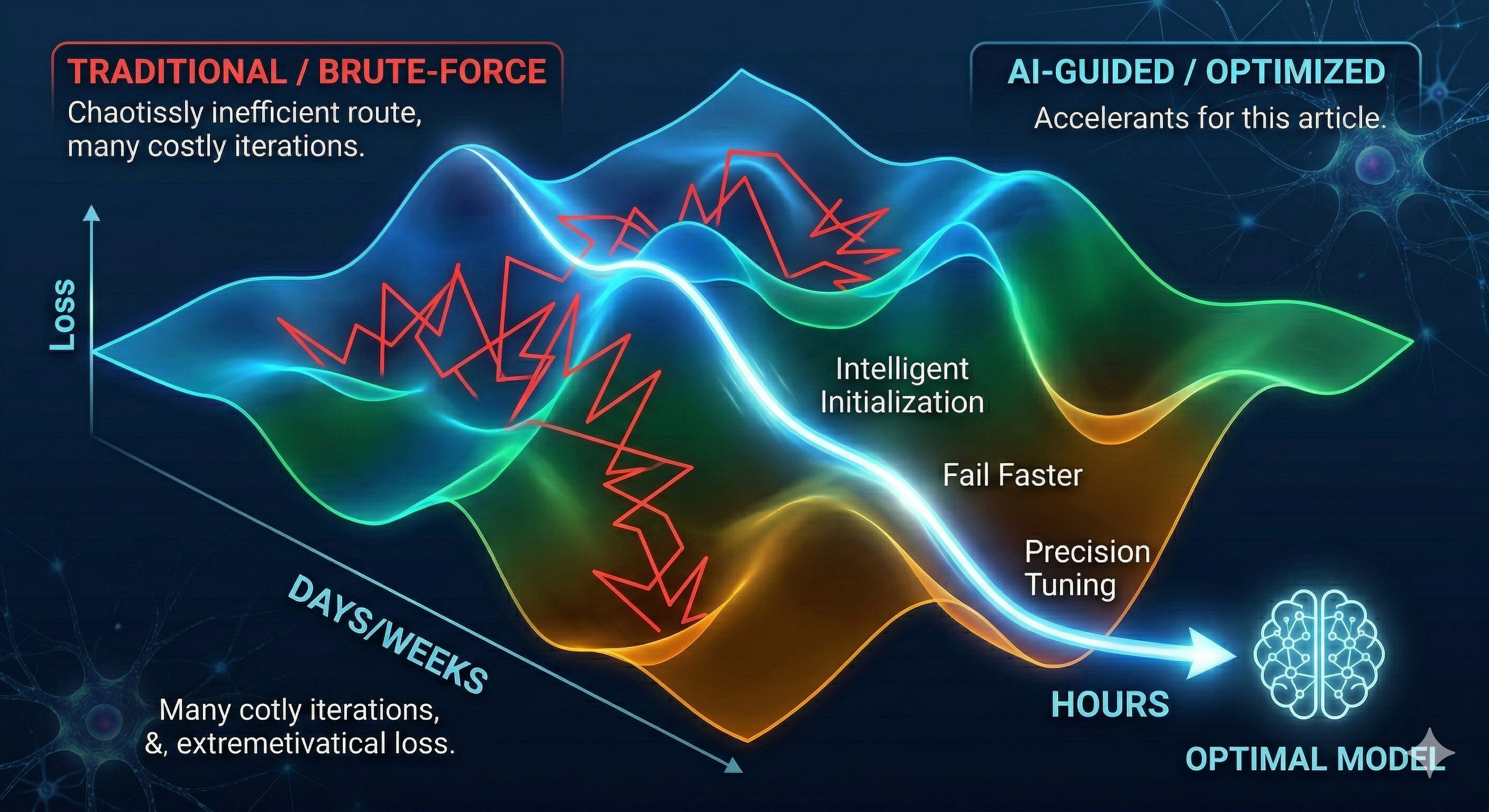Technical Edge Graphic: 3D loss landscape contrasting a chaotic, messy red brute-force path vs. a smooth, glowing blue AI-optimized path straight to the optimal model