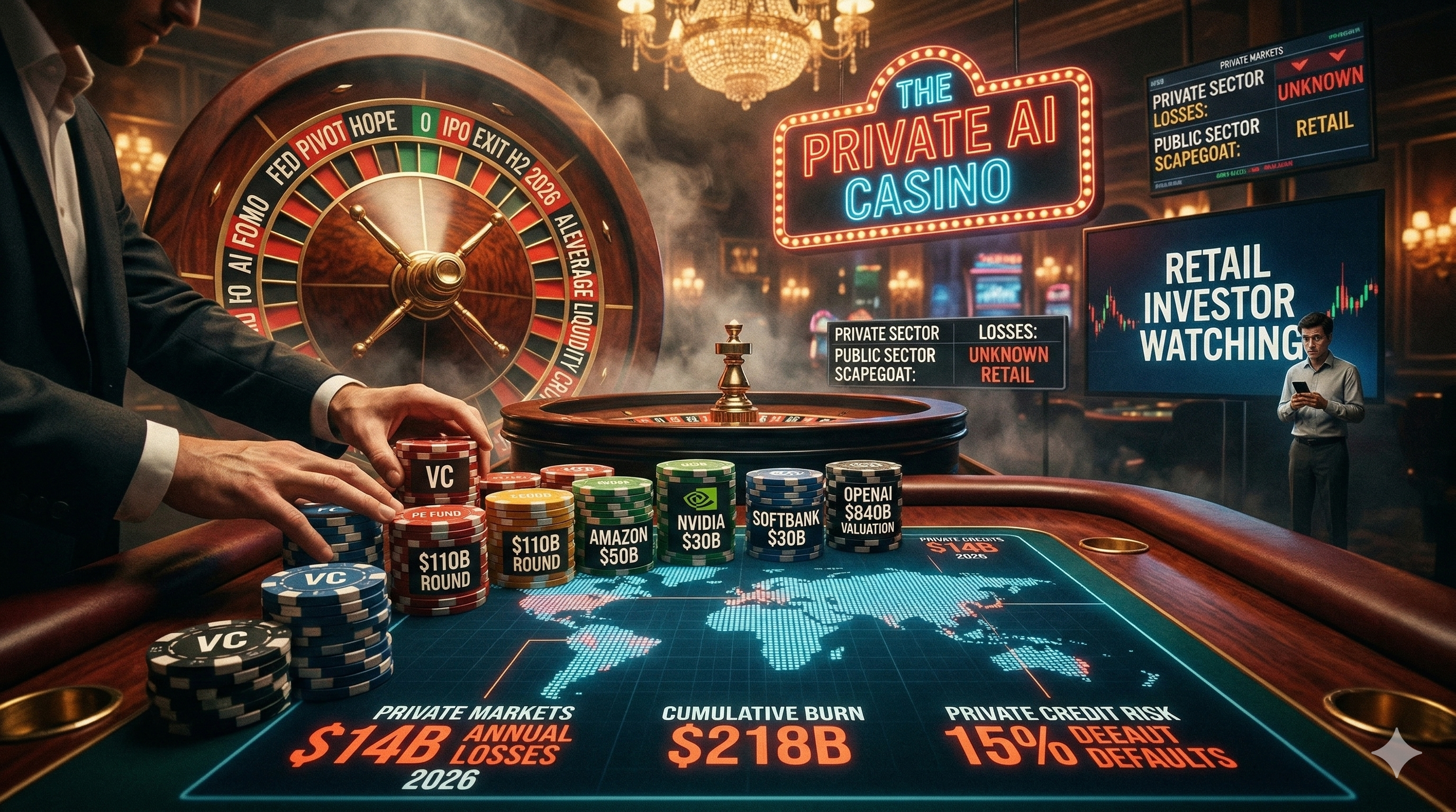 A dramatic, cinematic visualization of private market gambling, showing massive poker chips labeled with &lsquo;VC&rsquo;, &lsquo;$110B ROUND&rsquo;, &lsquo;AMAZON&rsquo;, &lsquo;NVIDIA&rsquo;, and &lsquo;OPENAI $840B VALUATION&rsquo; being aggressively pushed forward at a high-stakes casino table. In the background, a large digital display shows &lsquo;$14B ANNUAL LOSSES&rsquo; and a roulette wheel features &lsquo;FED PIVOT HOPE&rsquo; and &lsquo;IPO EXIT H2 2026&rsquo;. A small, nervous &lsquo;RETAIL INVESTOR&rsquo; watches from a distance.