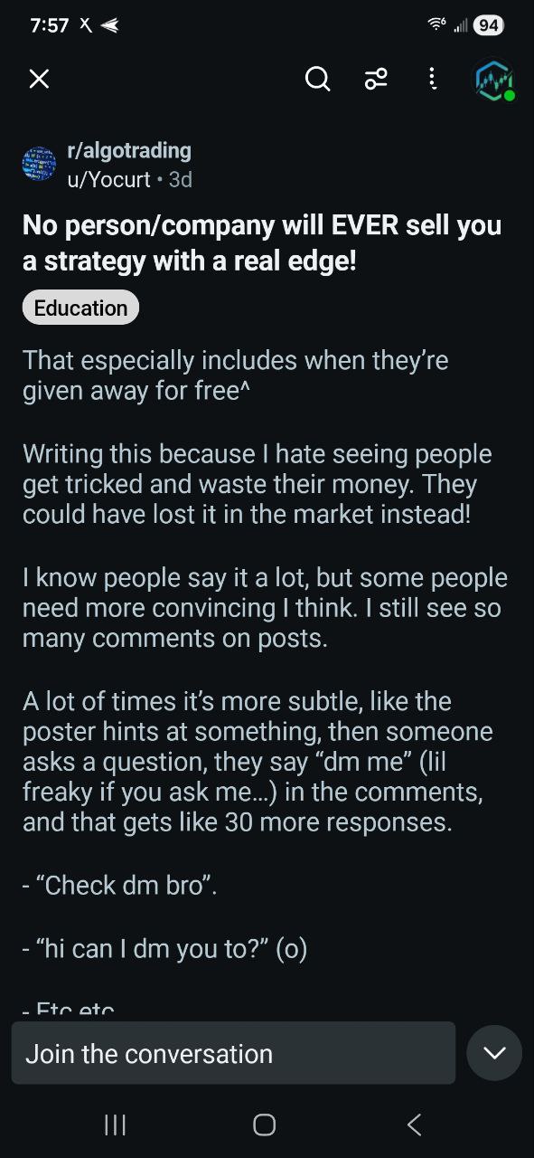 Reddit Post: No person/company will ever sell you a strategy with a real edge